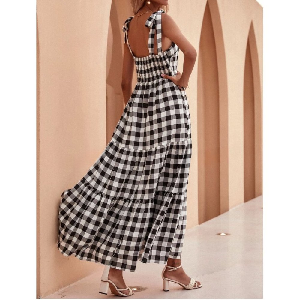 Boho Knot Strap Flounce Hem Gingham Dress Black/White - Picture 2 of 6